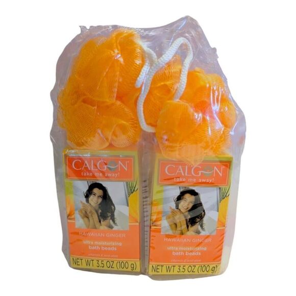 Calgon Hawaiian Ginger Ultra Moisturizing Bath Beads 3.5 oz Two Boxes Small Poof - Picture 1 of 4